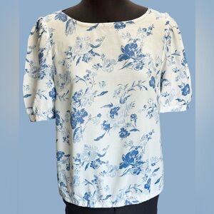 C&C California Blue & White Floral Puff Sleeve Women's Blouse Size S